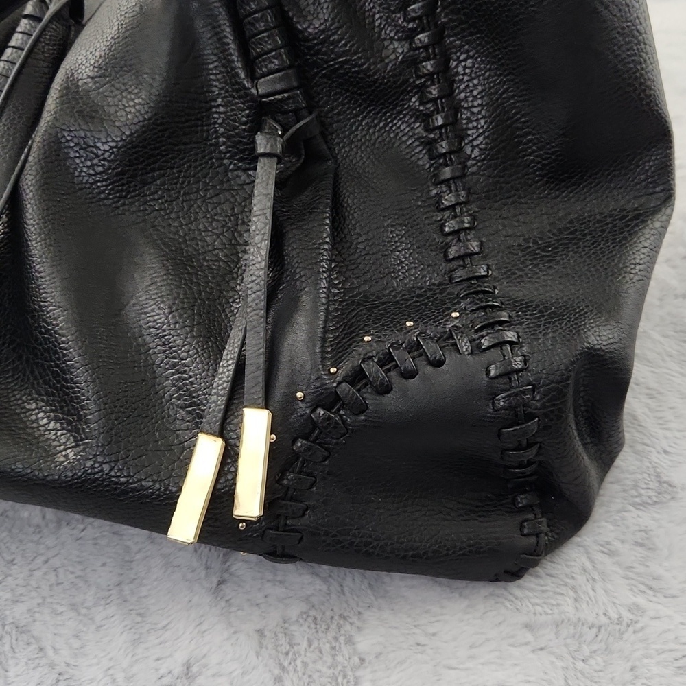 Black Faux Leather Whipstitch Tote Bag Oversized Shoulder Handbag Tassel - Picture 7 of 12